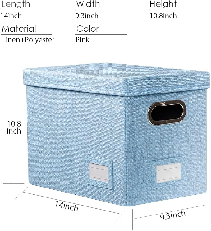 File Organizer Box - Set of 2 Collapsible Decorative Linen Filing Storage Hanging File Folders with Lids Office Cabinet Letter Size Blue (14x9.3x10.8 inch) - Image 7