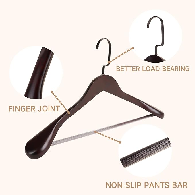 Wooden Suit Hangers with Non Slip Pants Bar, Dark Cherry, 6-Pack, 16" | Wood Extra-Wide Shoulder Hangers, Flat-Head Hook Hangers for Suits, Coats, Jackets, Shirts, Pants, and Heavy Clothes - Image 4