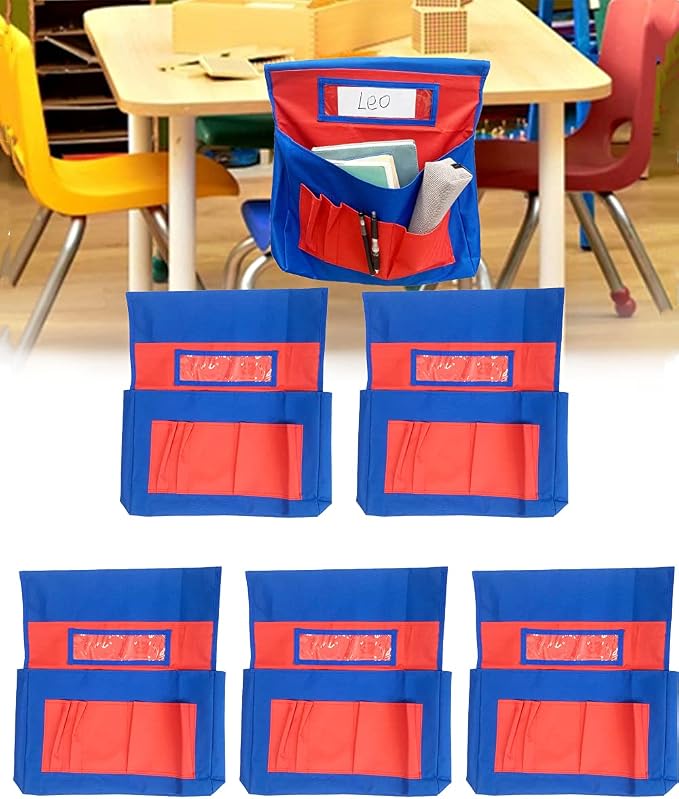 5 Pcs Chairback Buddy Organizer Pockets with Name Tag Slot - Classroom Kids Seat Hanging Storage Bag for Preschool Daycare, With 6 Pockets for Organizing School Supplies ﻿ by BEMAXYE