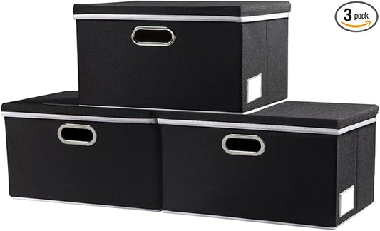 Storage Boxes with Lids [3-Pack] Fabric Collapsible Storage Bins Organizer Containers Baskets Cube with Cover for Home Bedroom Closet Office Nursery Black（11.4X8.6X6.7 by Prandom
