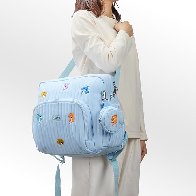 Diaper Bag Backpack with Changing Pad - Travel Baby Bag, Insulated Bottle Pockets, Stroller Straps (Medium - Blue Sharks) - Image 6