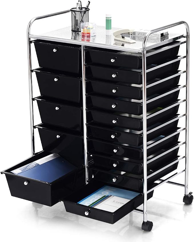 DREAMADE Rolling Cart with 15 Drawers, Clear Plastic Drawer Organizer w/Lockable Wheels, Removable & 2-Sized Storage Drawers, Art Cart for School Home Art Supplies Crafts File Scrapbook (Black) by DREAMADE