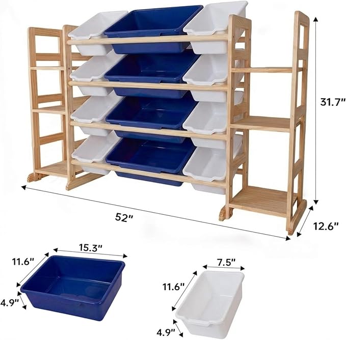 Amdermi Kids Toy Storage Organizer, 51" W White 6-Shelf Bookcase with 12 Bins, Cubby Unit for Toddler Playroom & Bedroom Organization (Blue) - Image 3