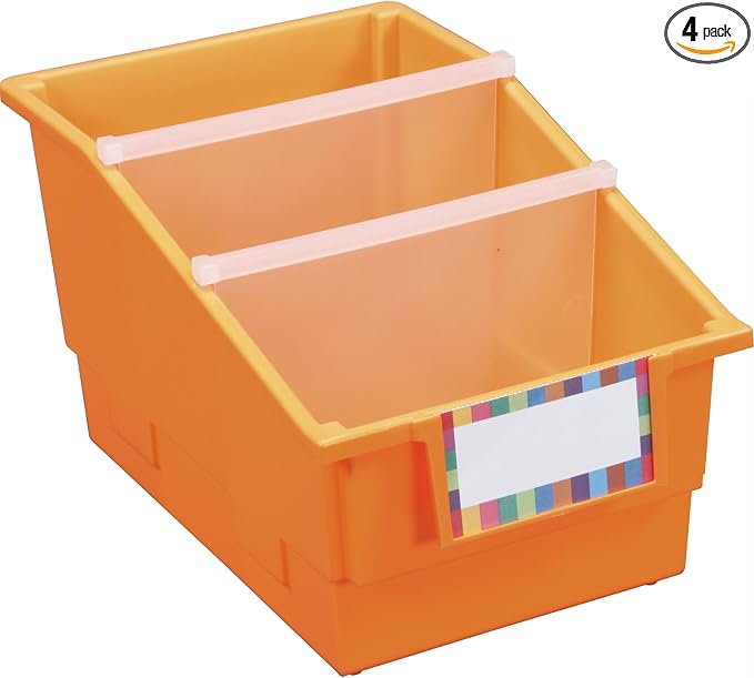 Really Good Stuff Orange Chapter Book Classroom Library Bins with Dividers | 8.75" x 13.5" x 7.75", 4-Pack, Plastic Shelf Bin Organizers for Book Organization, Documents, Files, Magazines by ReallyGoodStuff