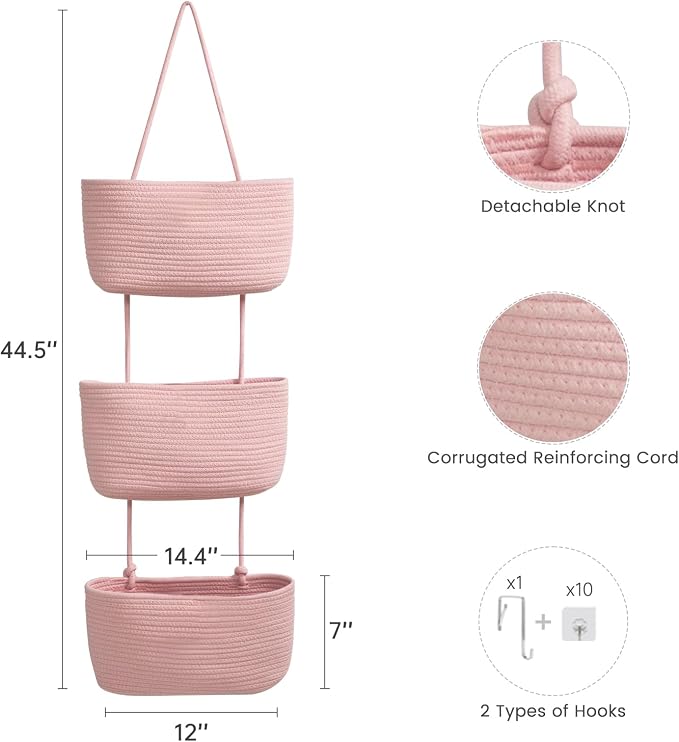 TeoKJ Over the Door Hanging Basket, 3-Tier Woven Cotton Wall-Mounted Storage Organizer Bag Decorative Hanging Nursery Baskets, Pink - Image 5