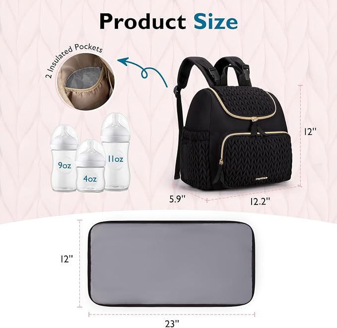 mommore Diaper Bag Backpack, Stylish Mini Baby Bag with Changing Pad | Insulated Pockets & Stroller Straps Small Diaper Backpack Compact Maternity Bag for Baby Essentials, Hospital & Daily Work - Image 7