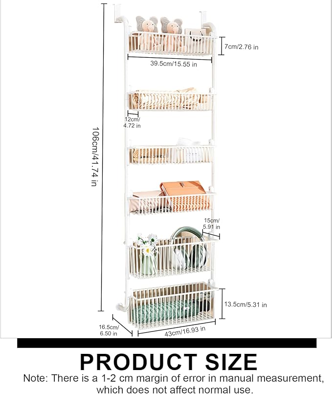 Over the Door Organizer, Metal Behind Door Hanging Storage, Toys Umbrellas Bags Organizer Rack, Large Capacity Organizer for Bedroom Bathroom Kitchen Pantry Closet Cabinet (White,Six-Tier) - Image 2