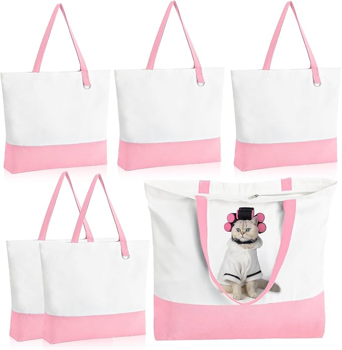 6-Pack Canvas Tote Bag with Zipper, Large Reusable Grocery Tote, Pink | Blank bags, washable, inner pocket, flat bottom, sturdy handle, for sublimation DIY/transfer, travel/beach/Christmas crafts by HWJH
