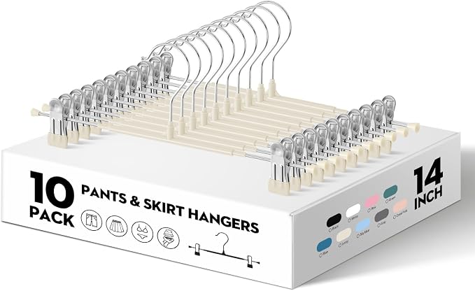 14 Inch Pants Hangers with Clips 10 Pack Skirt Hangers,Metal,Lvory | Non-Slip,Adjustable metal wide clips,Space-Saving,Heavy duty, for pants/skirt/dress/trousers/jeans/shorts/leggings,Women - Image 2