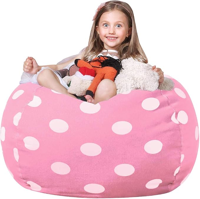 WEKAPO Stuffed Animal Storage Bean Bag Chair Cover for Kids | Stuffable Zipper Beanbag for Organizing Children Plush Toys Large Premium Cotton Canvas (Pink Dot, X-Large) by Wekapo