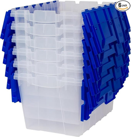 Akro-Mils KeepBox 12 Gallon Storage Container, Nesting and Stackable Plastic Storage Box with Lid Attached, Clear Tote for Garages, Closets, and Moving, 21-1/2" x 15" x 12-1/2", Clear/Blue, 6-Pack by Akro-Mils