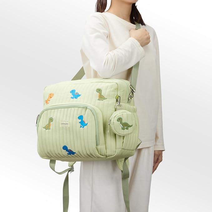 Diaper Bag Backpack with Changing Pad - Travel Baby Bag, Insulated Bottle Pockets, Stroller Straps (Medium - Green Dinosaurs) - Image 5
