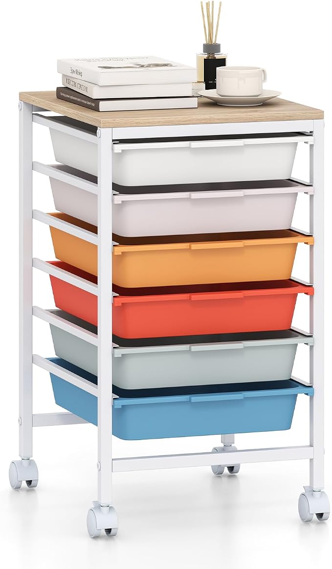 Rolling Storage Cart with 6 Drawers, Plastic Craft Organizer on Wheels with Wooden Top, Mobile Art Supply Utility Cart for Classroom, Home, Office by SILKYDRY