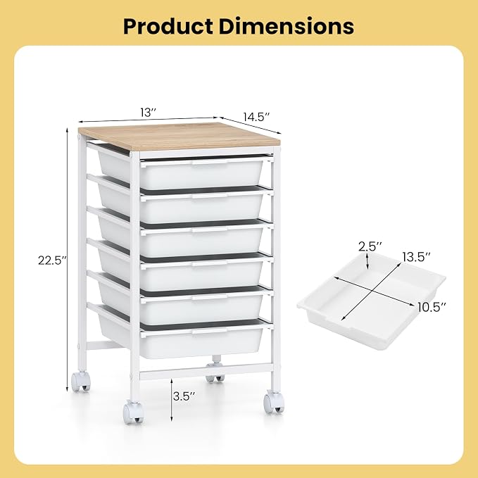 Rolling Storage Cart with 6 Drawers, Plastic Craft Organizer on Wheels with Wooden Top, Mobile Art Supply Utility Cart for Classroom, Home, Office - Image 3