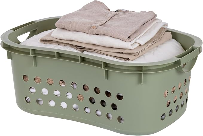 IRIS USA Plastic Laundry Basket 1.5 Bushel (50L), Built-In Handles, Green | Clothes Hamper with Ventilation Holes, Reinforced Rim, Hip Hold Design, Large capacity by IRISUSA