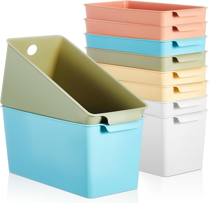 Mumufy 12 Pcs Book Bins for Easy Access Storage Basket Sturdy Book Storage Containers and Organization for Home Use, 11.2 x 5 x 5 Inch, 5 Colors by Mumufy