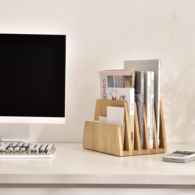 KIRIGEN Wooden Mail Organizer, 5-Slot File Holder for Desk, Natural 5K-NA | Five Upright Compartments Sort Mail, Bills, Folders, Papers, Notebooks, and Envelopes; 9.84 x 7.48 x 7.09 In, No Assembly - Image 9