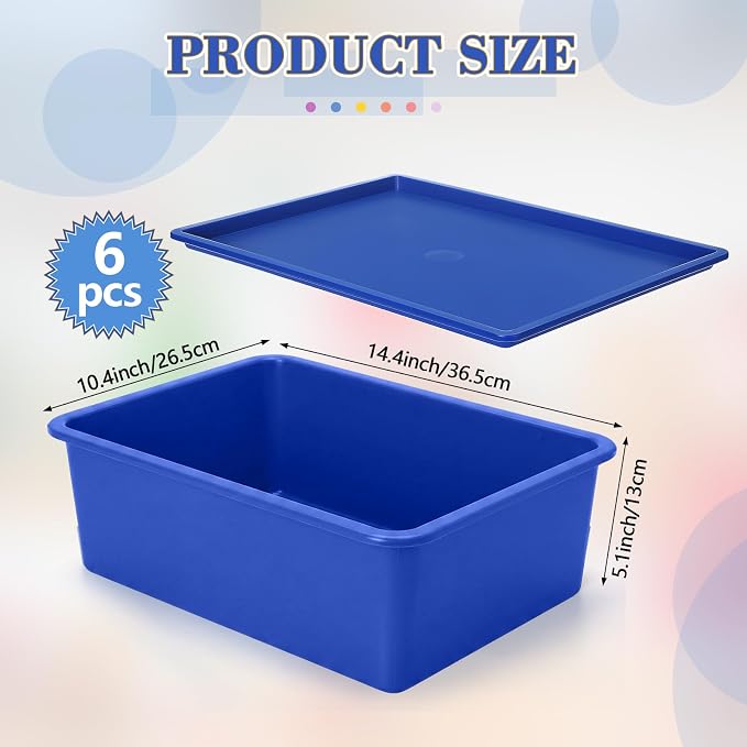 6 Pcs Large Plastic Storage Bins with Lids, Blue | 14.4 x 10.4 x 5.1 Inch, Stackable Storage Containers, Decorative Cubby Organizer for Clothes Shelves Garage Closet Office - Image 2