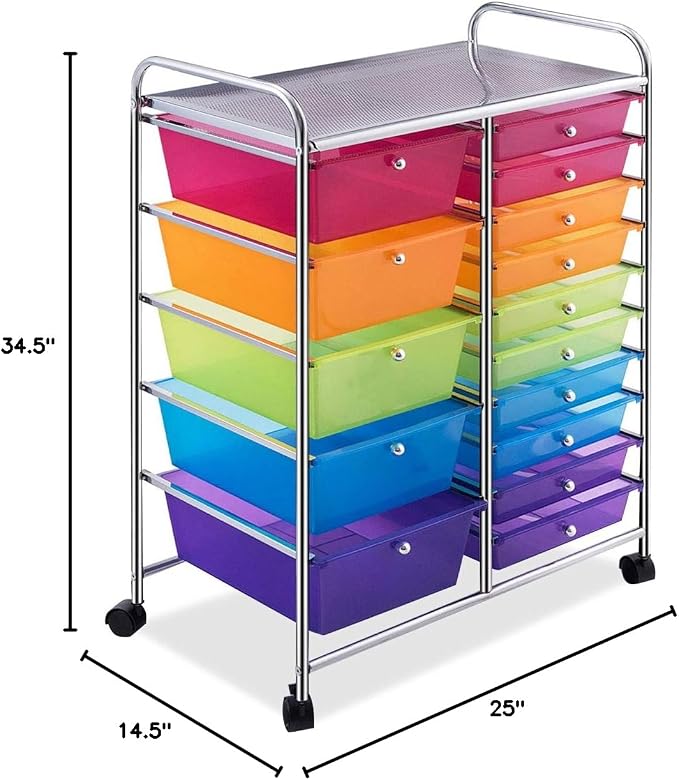 RELAX4LIFE 15 Drawer Rolling Storage Cart, Mobile Drawer Carts for Craft Art Supply Paper Salon, Utility Cart on Wheels for Classroom Teacher School Office, Rolling Cart with Drawers (Color) - Image 3