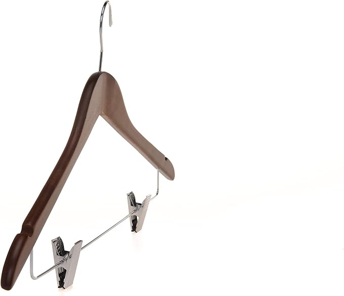 Quality Wooden Skirt Hangers with Clips, 10-Pack Smooth Solid Wood Pants Hangers with Durable Adjustable Metal Clips, Swivel Hook, Coat, Jacket, Blouse Suit Hangers (Walnut - Chrome Hook, 10) - Image 6