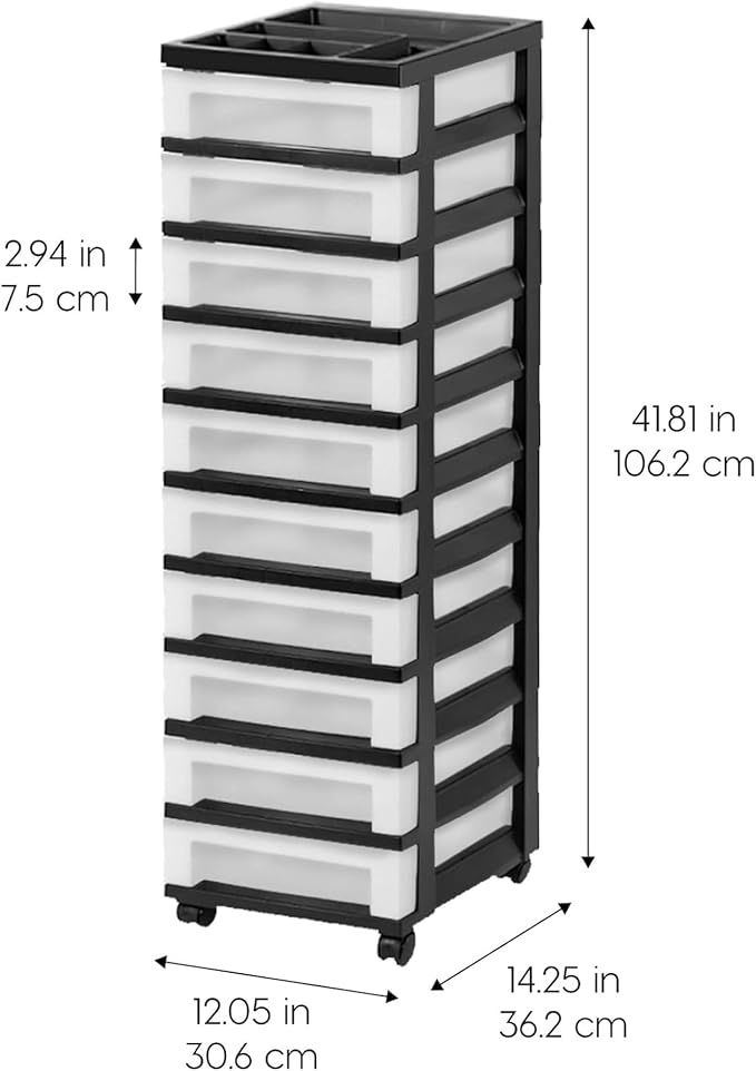 IRIS USA Plastic Drawer Storage Organizer Rolling Cart, 2-Pack, with Wheels Casters, 10-Drawers, for Classroom Art Craft Supplies Dresser Closet Bathroom Laundry Room, Black/Pearl - Image 3
