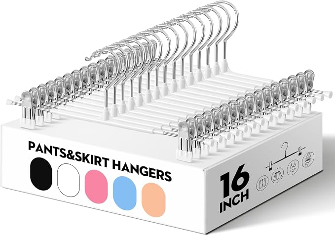 HUADYMEET 16 Inch Extra Wide Pants Skirt Hangers with Clips,White,20 Pack | Metal,Extended-Length,Non-Slip,Adjustable,Heavy Duty Hanger for Jeans Shorts Clothes Slacks Trousers,For Adult Men Women by HUADYMEET