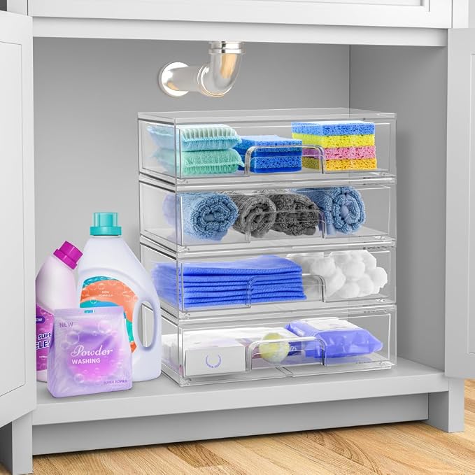 Sorbus Clear Stackable Storage Drawers (2 Pack, 12.1'' Wide) | Acrylic containers with pull-out bins keep cosmetics, brushes and daily items sorted on bathroom counters or in cabinets. - Image 2