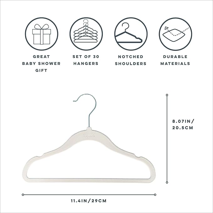 3 Sprouts Velvet Baby Hangers, Non Slip Slim, Cream, 30 Pack | Non-slip velvet, Notched shoulders, 360-degree swivel hook, 11.75 x 8 in, Infant and toddler clothes, Soft colors for nursery - Image 4