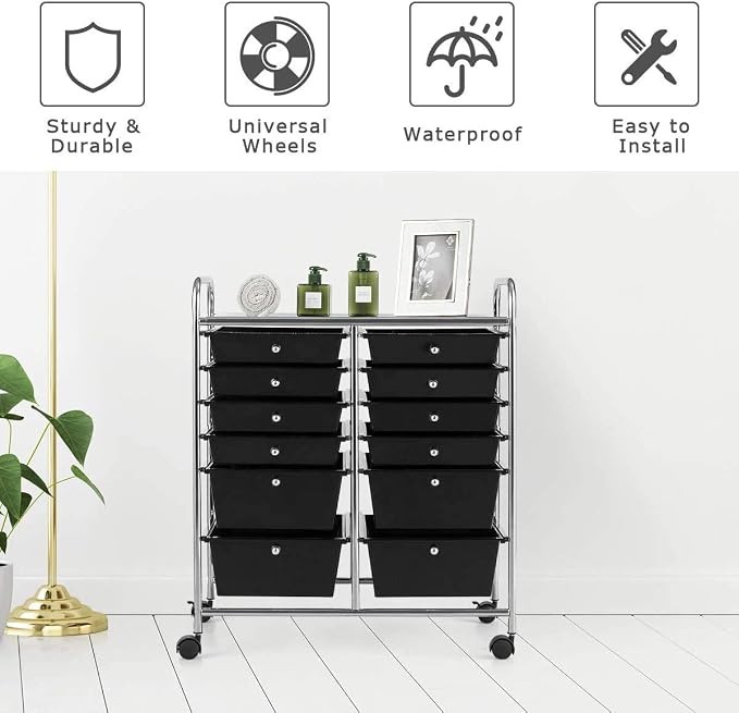 Giantex 12 Drawer Rolling Storage Cart Tools Scrapbook Paper Office School Organizer (Black) - Image 6