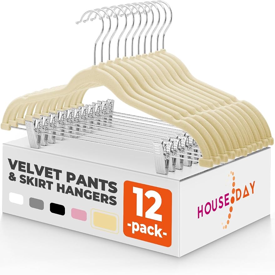 HOUSE DAY Velvet Skirt Hangers 12 Pack, Beige Velvet Pant Hangers | with Adjustable Clips, Space Saving Slim Shorts Hanger, Heavy Duty Non Slip Clip Hanger for Pants, Skirts, Shorts by HOUSEDAY