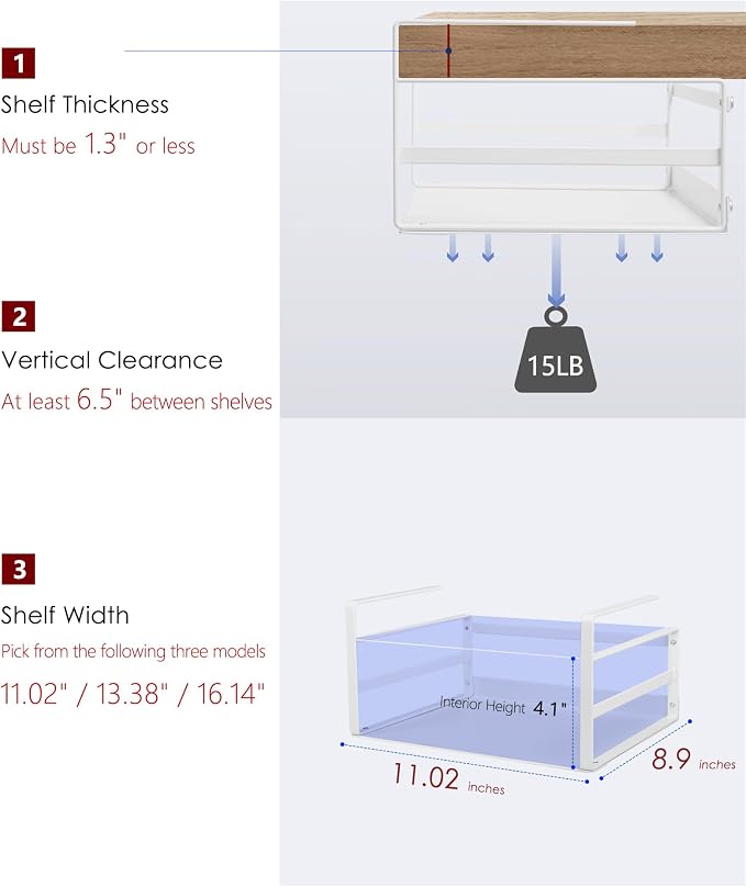 Nxconsu Under Shelf Basket 2 Pack, Cabinet Storage Organizer, 11" White | Solid Metal Bottom Holds Up to 15 lb with No Drilling for Kitchen Cupboard Pantry Bookshelf Closet Laundry and Bath - Image 3