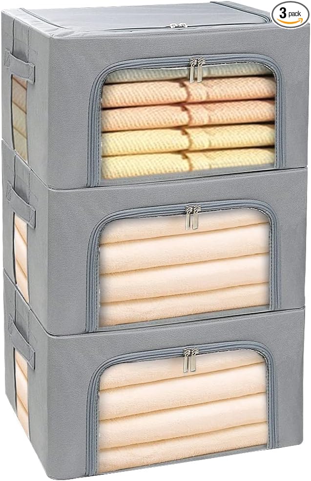 Clothes Storage Box Bins Stackable Foldable Organizer,Sturdy Handles with Metal Frame for Clothing Bedding Shelves,Closet Container with Clear Window Zipper and Label Holder (Gray, 22L x3 Pack) by STSTECH