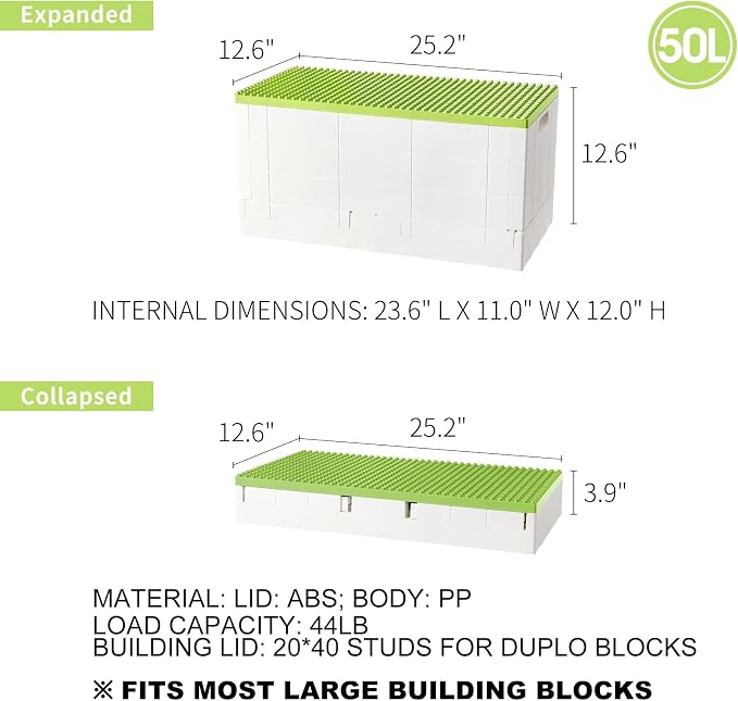 53 Qt. Folding Storage Box with Large Building Lid for Lego Duplo Blocks, 13 Gallon Collapsible Organizer for Lego Bricks (Green) - Image 3
