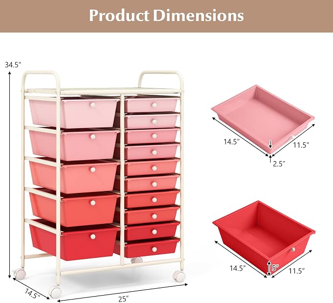 DREAMADE Rolling Cart with 15 Drawers, Rolling Drawer Organizer Cart w/Lockable Wheels, Removable & 2-Sized Storage Drawers, Art Cart for School Home Art Supplies Crafts File Scrapbook (Mixed Pink) - Image 3