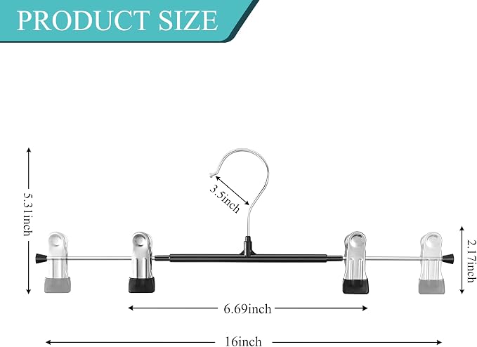 16 Inch Pants Hangers with Clips Skirt Hangers 20 Pack, Black | Non-Slip,Adjustable metal clips,Space-Saving,Heavy duty, for pants/skirt/dress/trousers/jeans/shorts/Clothes,Women,men - Image 2