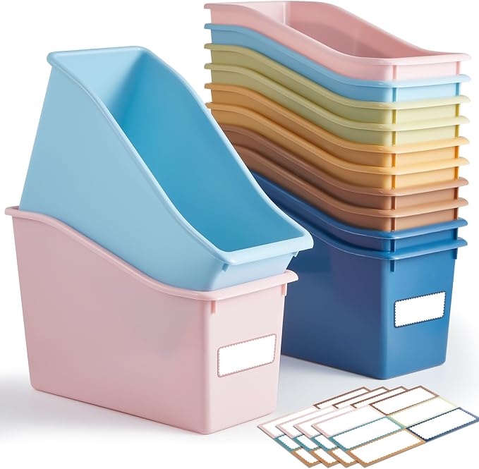 Geetery 12 Pcs Book Bin for Classroom with Labels Stackable Plastic Organizing Bins 11.5 x 5.4 x 7.5 in Book Holders Storage Bins Box Baskets for Classroom Library Home (Boho Color) by Geetery