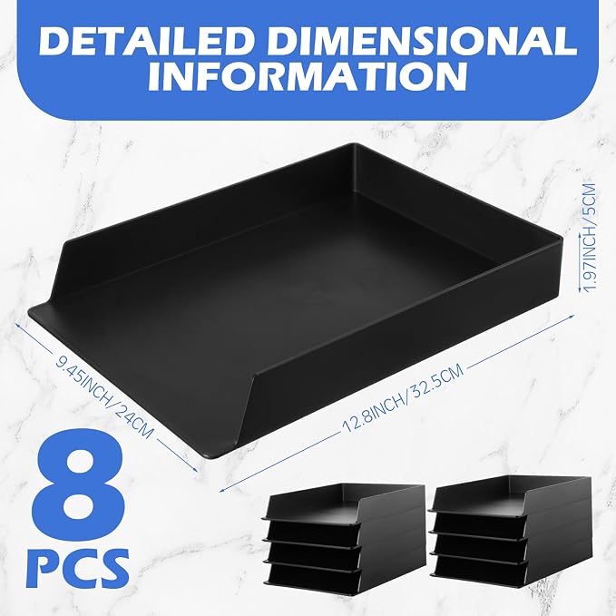 8 Pcs Stackable Paper Trays Rectangular Plastic Desk Holder Desktop Document File Organizer Storage Letter for Office Classroom (Black) - Image 2