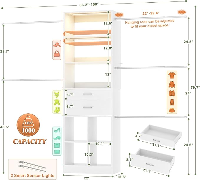 Besiost 4-8 FT Closet System, Closet Organizer System with Smart Sensor Lights, White - Image 2