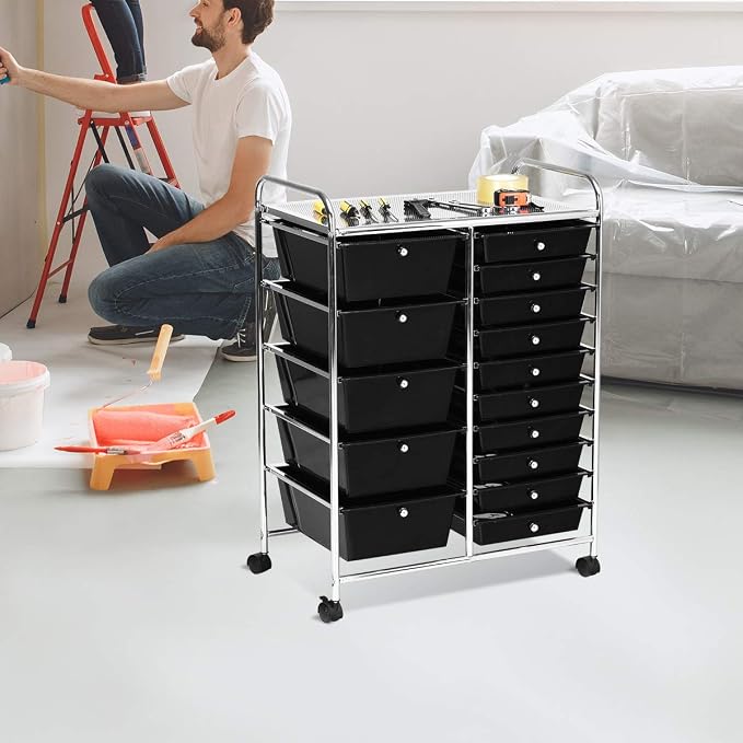 DREAMADE Rolling Cart with 15 Drawers, Clear Plastic Drawer Organizer w/Lockable Wheels, Removable & 2-Sized Storage Drawers, Art Cart for School Home Art Supplies Crafts File Scrapbook (Black) - Image 2