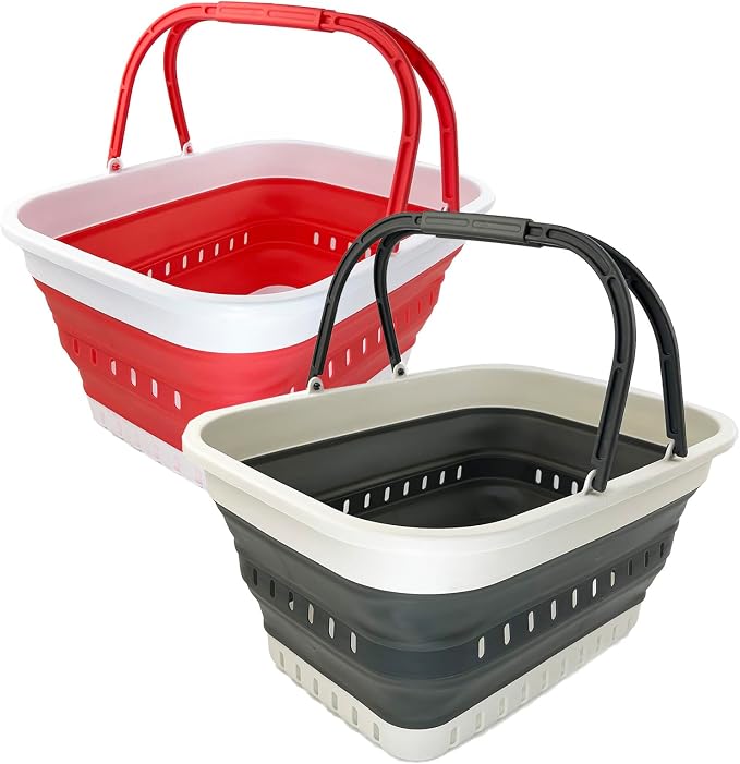 SAMMART 26L (6.8 Gallons) Collapsible Plastic Laundry Basket with Handle-Foldable Pop Up Storage Basket with handle (Washed Black+Coral Pink (Set of 2)) by SAMMART