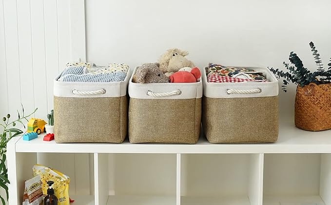 Organization and Storage Basket for Gifts Empty - 16x12x12 inch Cube Storage bin 3 Pack Fabric Storage Cubes, Collapsible Baskets for Organizer Closet Cloth Gift Toy (White & Khaki) - Image 4