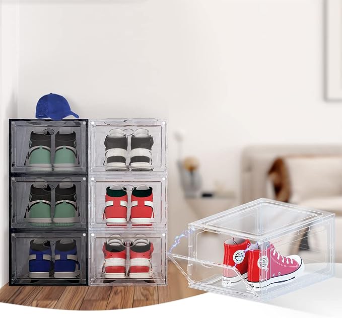 12 PACK Large Shoe Storage Boxes, Shoe Boxes Clear Plastic Stackable, Shoe Organizer for Size 12 (Grey 12 Pack) - Image 3