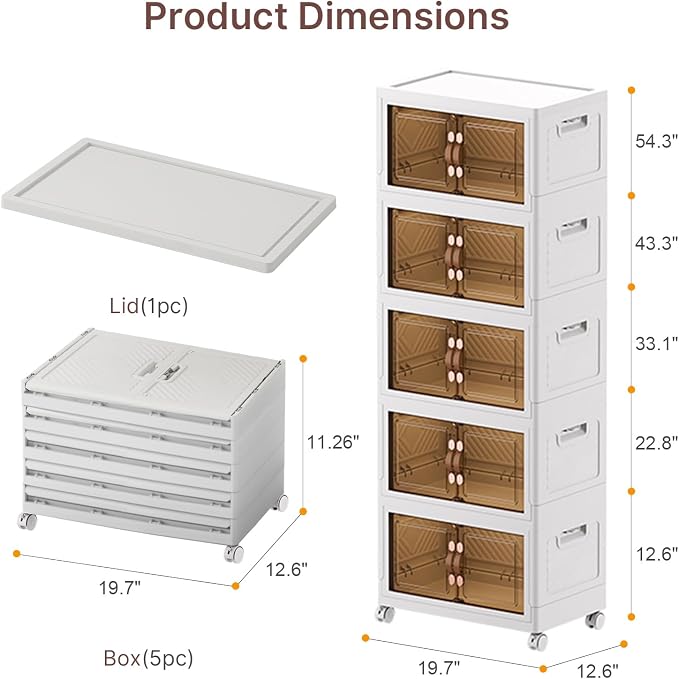 Stackable Storage Bins with Lids, 240QT Lockable Storage Cabinet | Closet Organizers, Foldable Storage Box with Doors and Wheels, Plastic Drawers for Home, Garage, Office (5, White, Medium) - Image 5