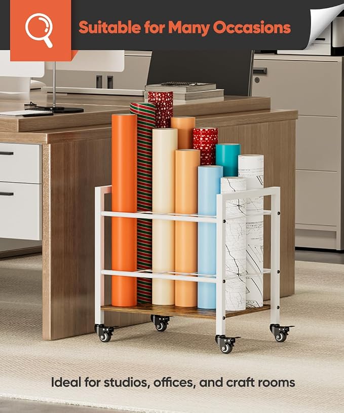 Blueprint Storage Rack Cart, 15 Slots Metal Rolling File Holder with Wheels & Adjustable Pads, Mobile Gift Wrapping Paper Organizer for Maps/Posters/Architectural Construction Plans, White - Image 8