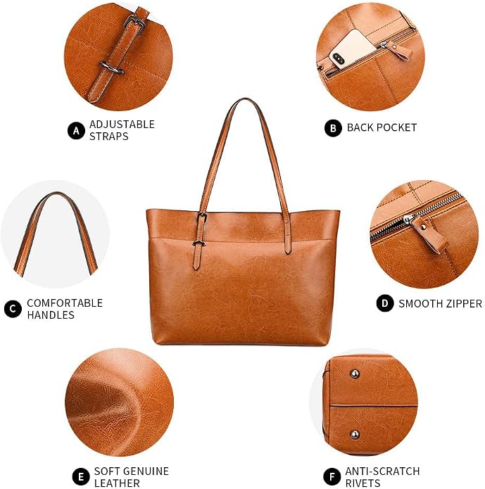 Kattee Vintage Genuine Leather Tote Shoulder Bag for Women | Genuine leather tote with adjustable straps, 7 pockets, and room for a 14-inch laptop, ideal for work and travel. - Image 5