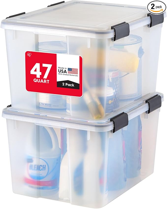 IRIS USA WeatherPro Storage Bins with Lids, 47 Qt, Gasket Seal, 2 Pack | Airtight gasket helps protect clothing, shoes, crafts, keepsakes, and household supplies from moisture and dust. by IRISUSA