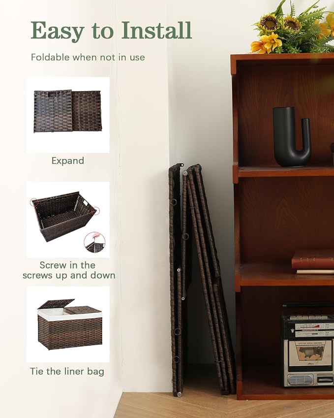 SETVSON Storage Basket with Lid Wicker Baskets for Storage, 160L Brown | 42.3 Gallon Storage Bin with 2 Separate Lids, 2 Removable Liners for Clothes & Blankets, Sturdy Metal Frame, PE Rattan - Image 6