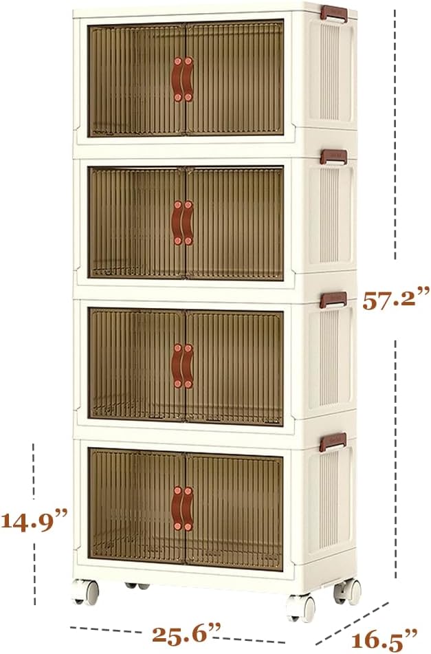 380QT 4-Tier Plastic Stackable Storage Bins and Boxes Organizer, Foldable Containers, Stackable Storage Bins with Doors, Collapsible Boxes, White (4 Tier, 25.8″) - Image 3