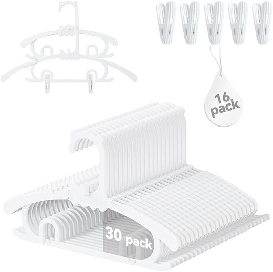 30 Pack Baby Hangers,with 16 Detachable Clips Adjustable 11.14"-15.55", Stackable Kids Closet Hangers, Two Bottom Grooves for Secure Clip Placement.Fits Newborns,Toddlers, Children & Teens(White) by VIIBASE