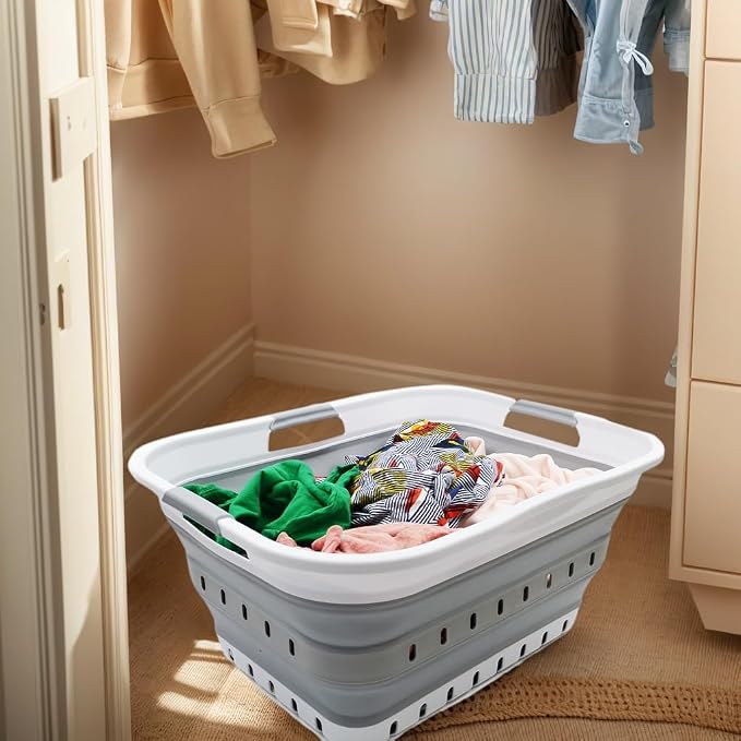 SAMMART 42L (11 gallon) Collapsible Plastic Laundry Basket - Foldable Pop Up Storage Container/Organizer - Space Saving Hamper/Basket (1, White/Grey) - Image 5